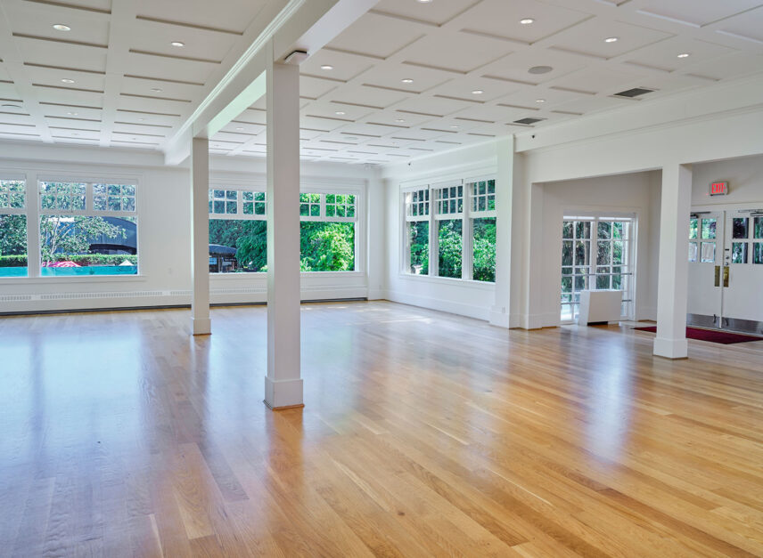 The inside of the Tea Room at the Stanley Park Pavilion. The space is bare, without any furniture or decorations