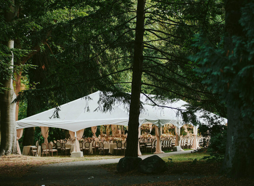 A wedding tent set up in the woods of Stanley Park. Within, several tables are set up to accommodate a meal for wedding guests. Chandeliers hang from the tent ceilings